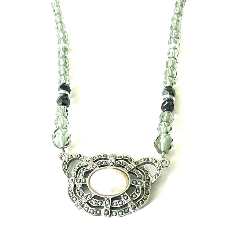 1928 Multicolored Beaded Necklace & Marcasite Style Pendant